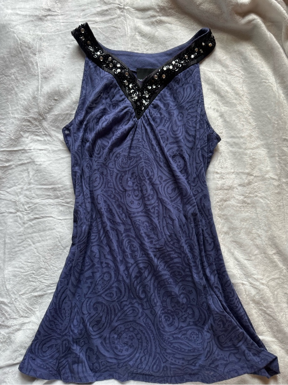 Cynthia Rowley Navy Blue Paisley Jacquard Nightdress with Sequin V-Neck